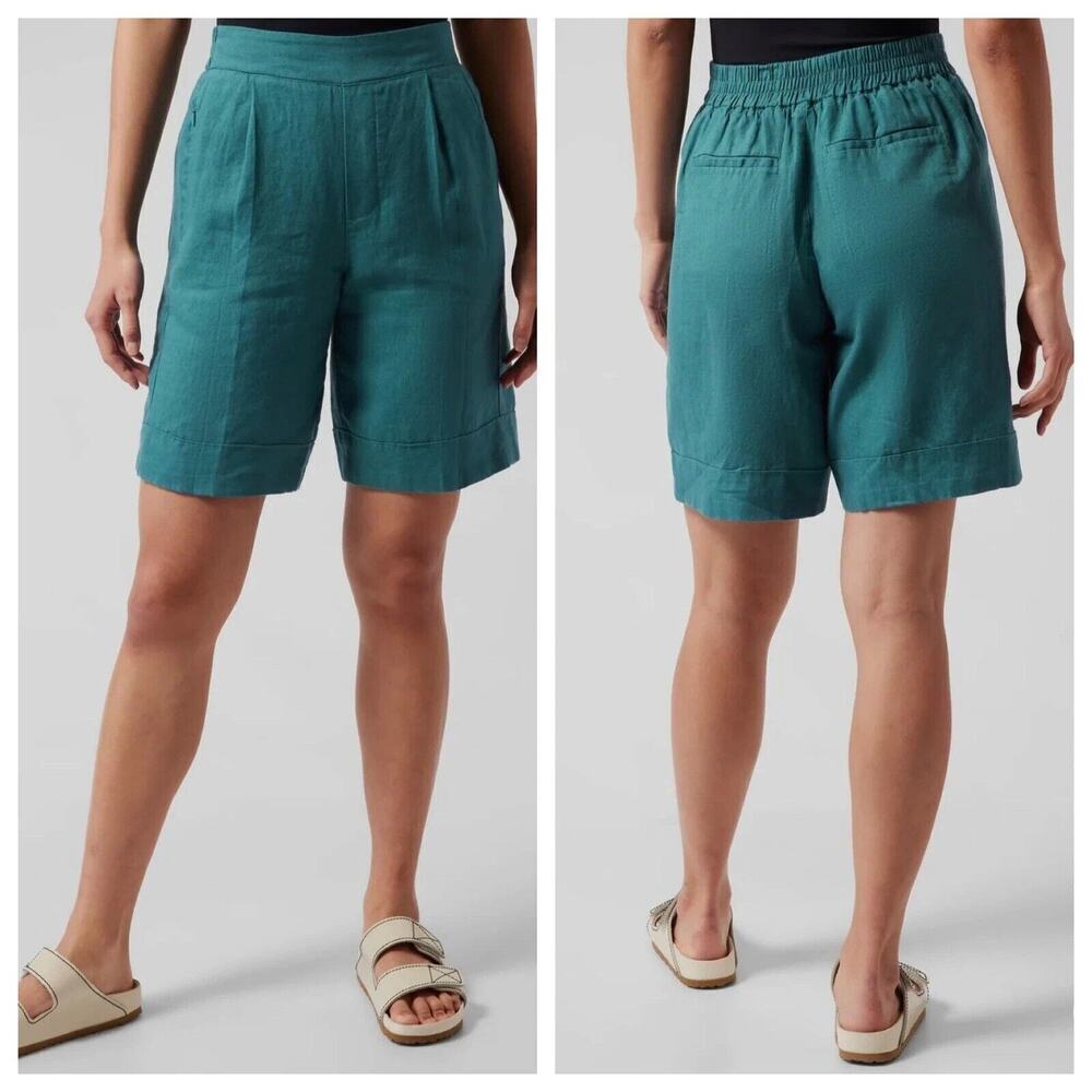 Athleta Playa Linen Bermuda Shorts in Borealis Teal Blue New Sz 2 Elastic Waist